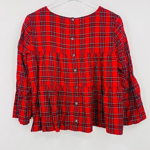 Madewell Size Small Red & Black Plaid Tiered Button Back Swing Top - Picture 9 of 11